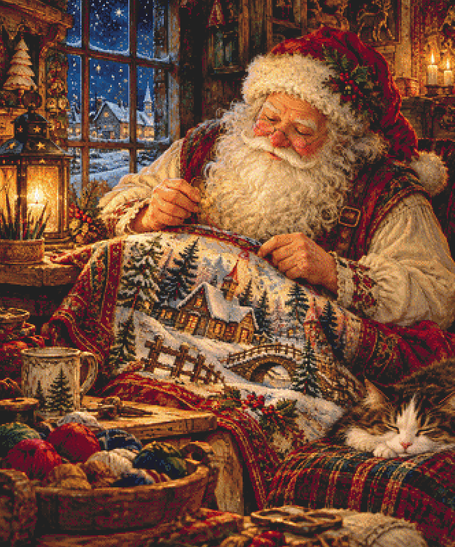 "Cross Stitching Santa" cross stitch pattern by Bryna T. Art & Design