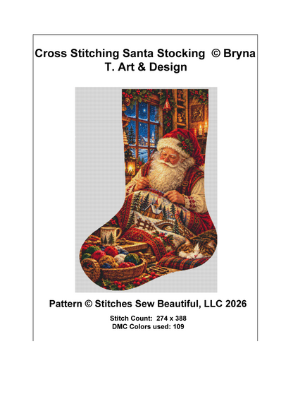 "Cross Stitching Santa" (Stocking) cross stitch pattern by Bryna T. Art & Design