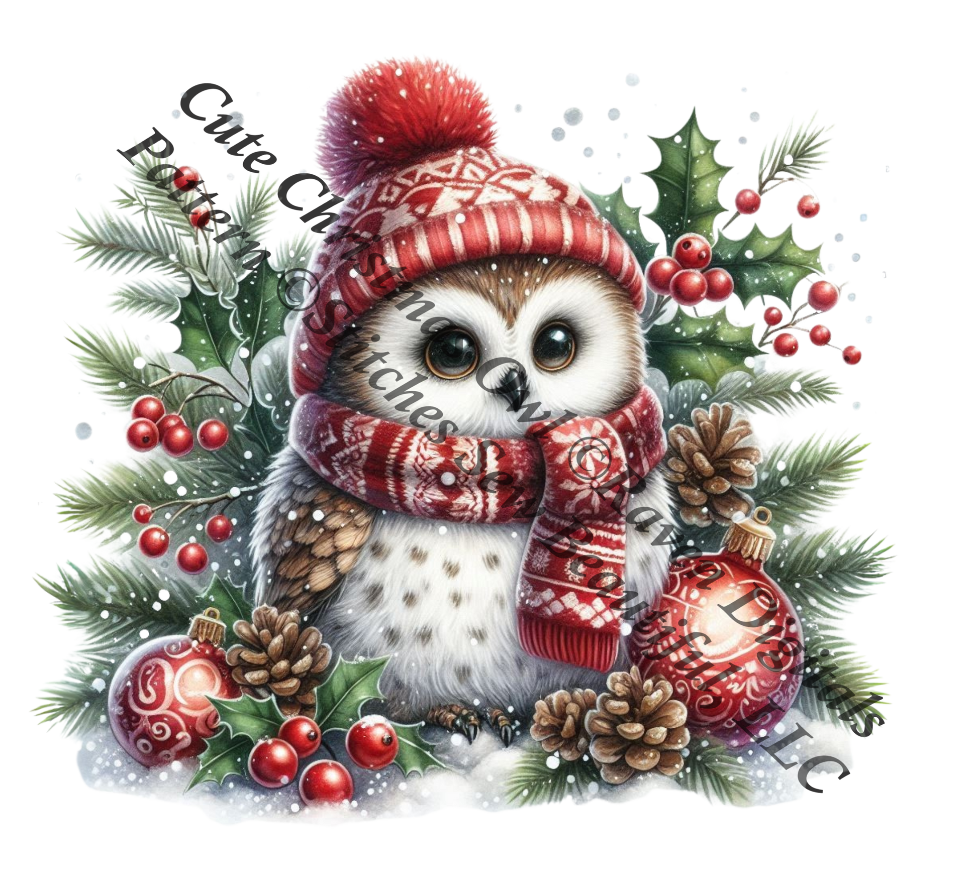 Cute Christmas Owl (Ornament) counted cross stitch pattern by Raven Digitals
