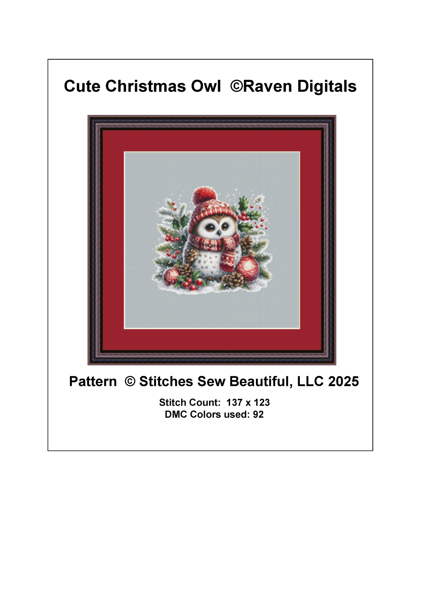 Cute Christmas Owl (Ornament) counted cross stitch pattern by Raven Digitals
