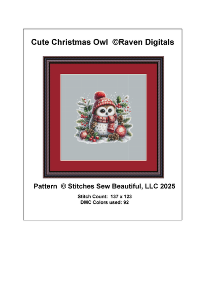 Cute Christmas Owl (Ornament) counted cross stitch pattern by Raven Digitals