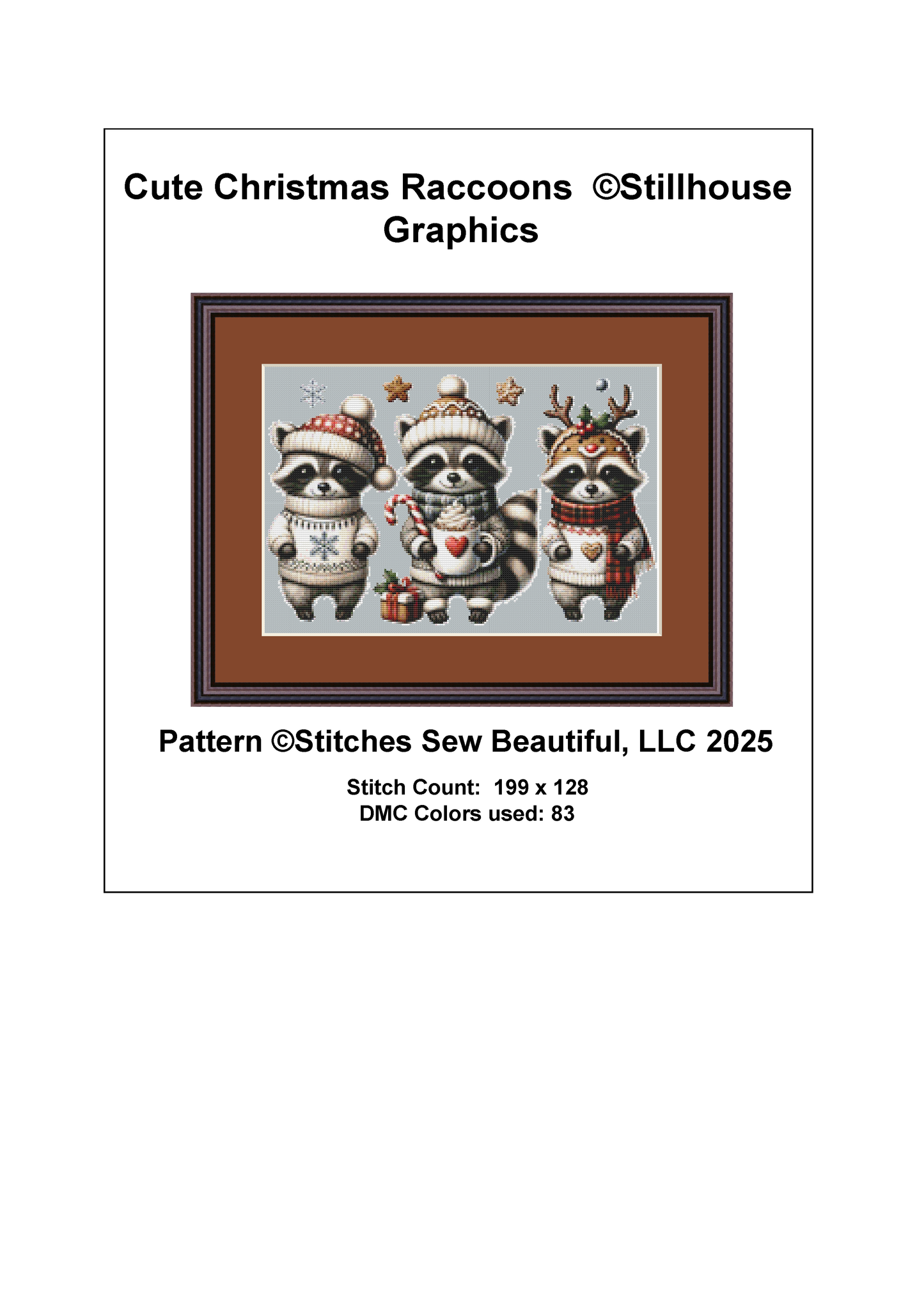 Cute Christmas Raccoons (Ornament) counted cross stitch pattern by Stillhouse Graphics
