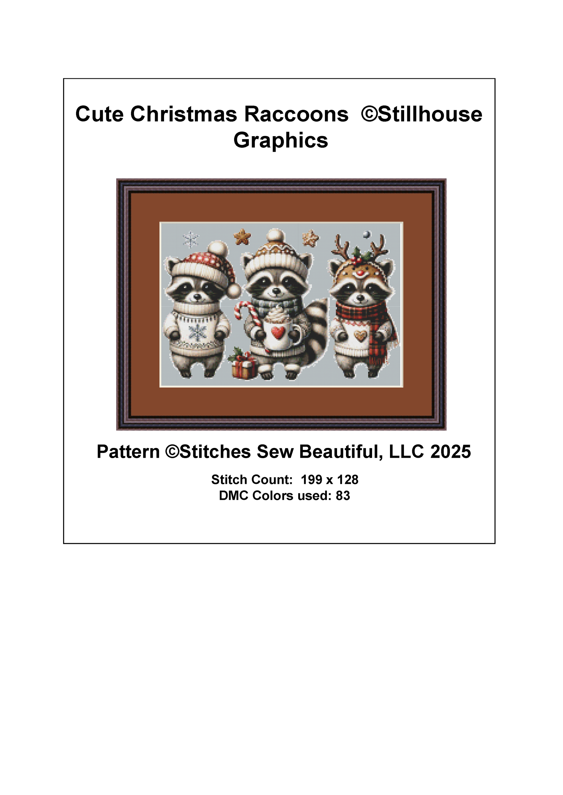 Cute Christmas Raccoons (Ornament) counted cross stitch pattern by Stillhouse Graphics