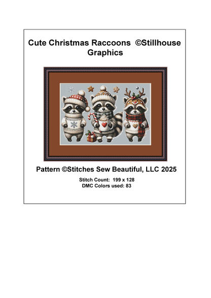 Cute Christmas Raccoons (Ornament) counted cross stitch pattern by Stillhouse Graphics