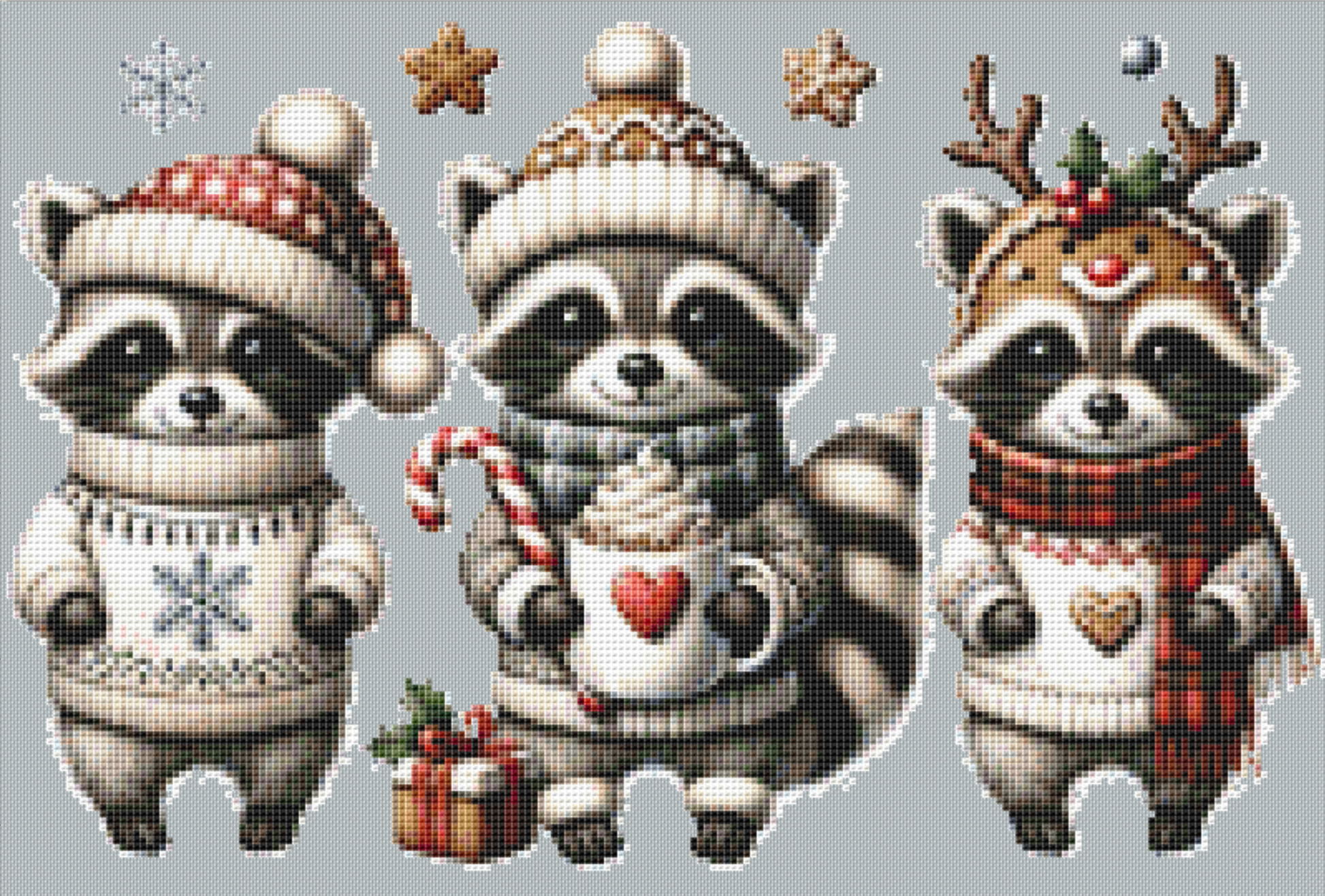 Cute Christmas Raccoons (Ornament) counted cross stitch pattern by Stillhouse Graphics