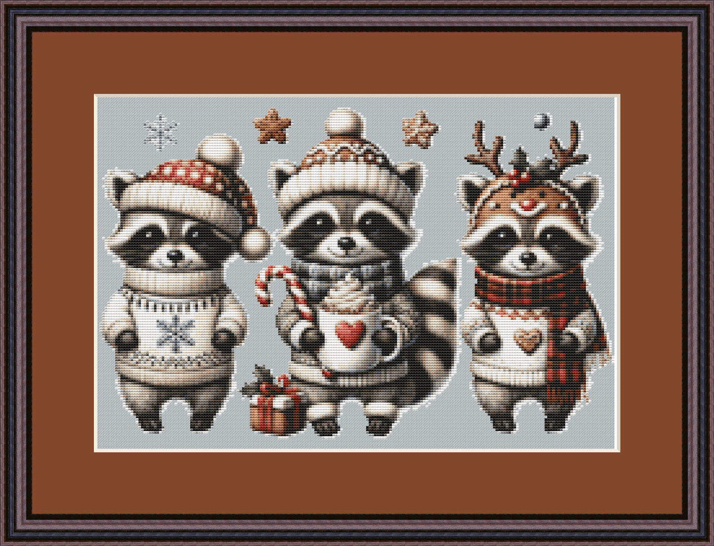 Cute Christmas Raccoons (Ornament) counted cross stitch pattern by Stillhouse Graphics