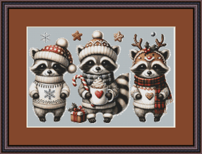 Cute Christmas Raccoons (Ornament) counted cross stitch pattern by Stillhouse Graphics