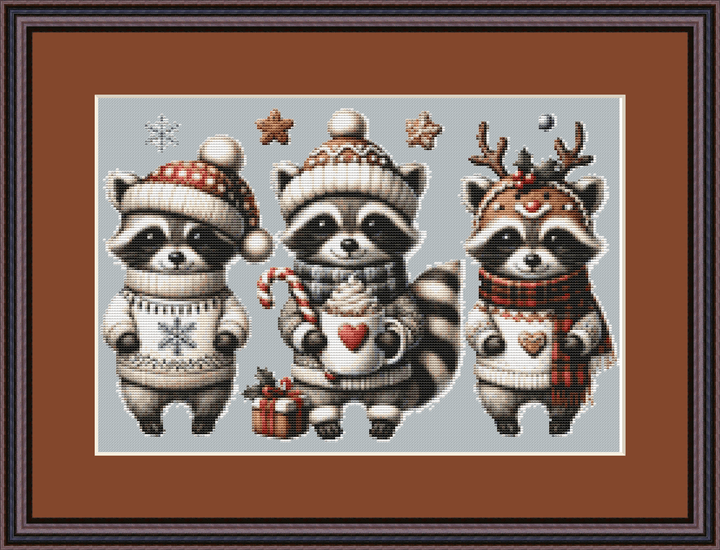Cute Christmas Raccoons (Ornament) counted cross stitch pattern by Stillhouse Graphics