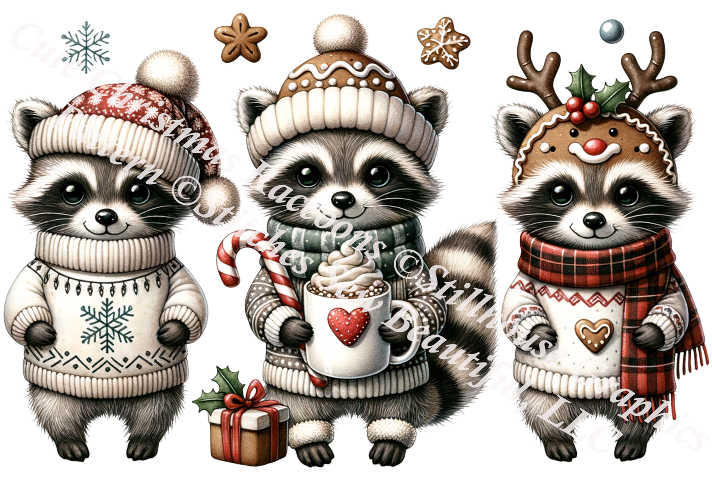 Cute Christmas Raccoons (Ornament) counted cross stitch pattern by Stillhouse Graphics