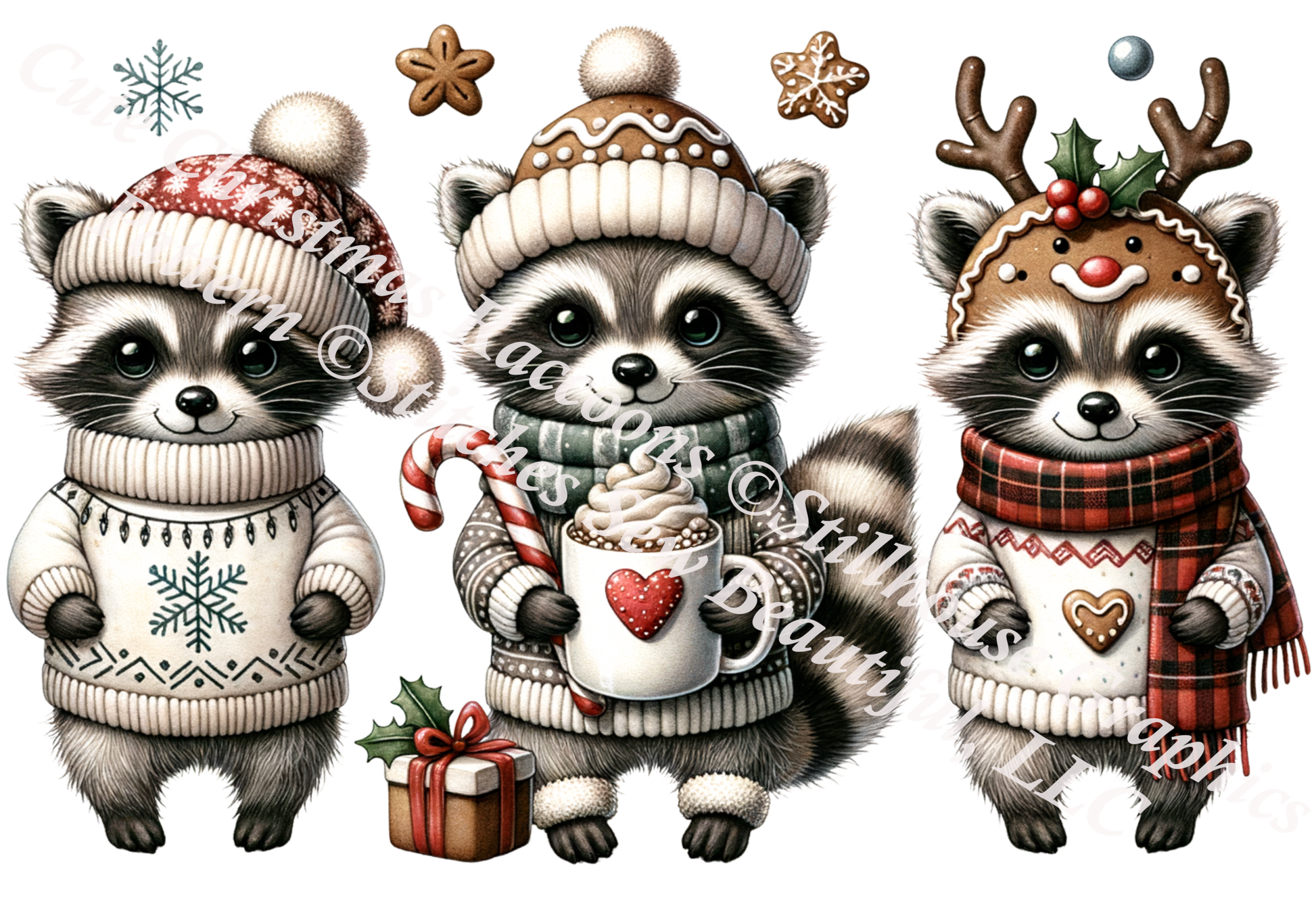 Cute Christmas Raccoons (Ornament) counted cross stitch pattern by Stillhouse Graphics