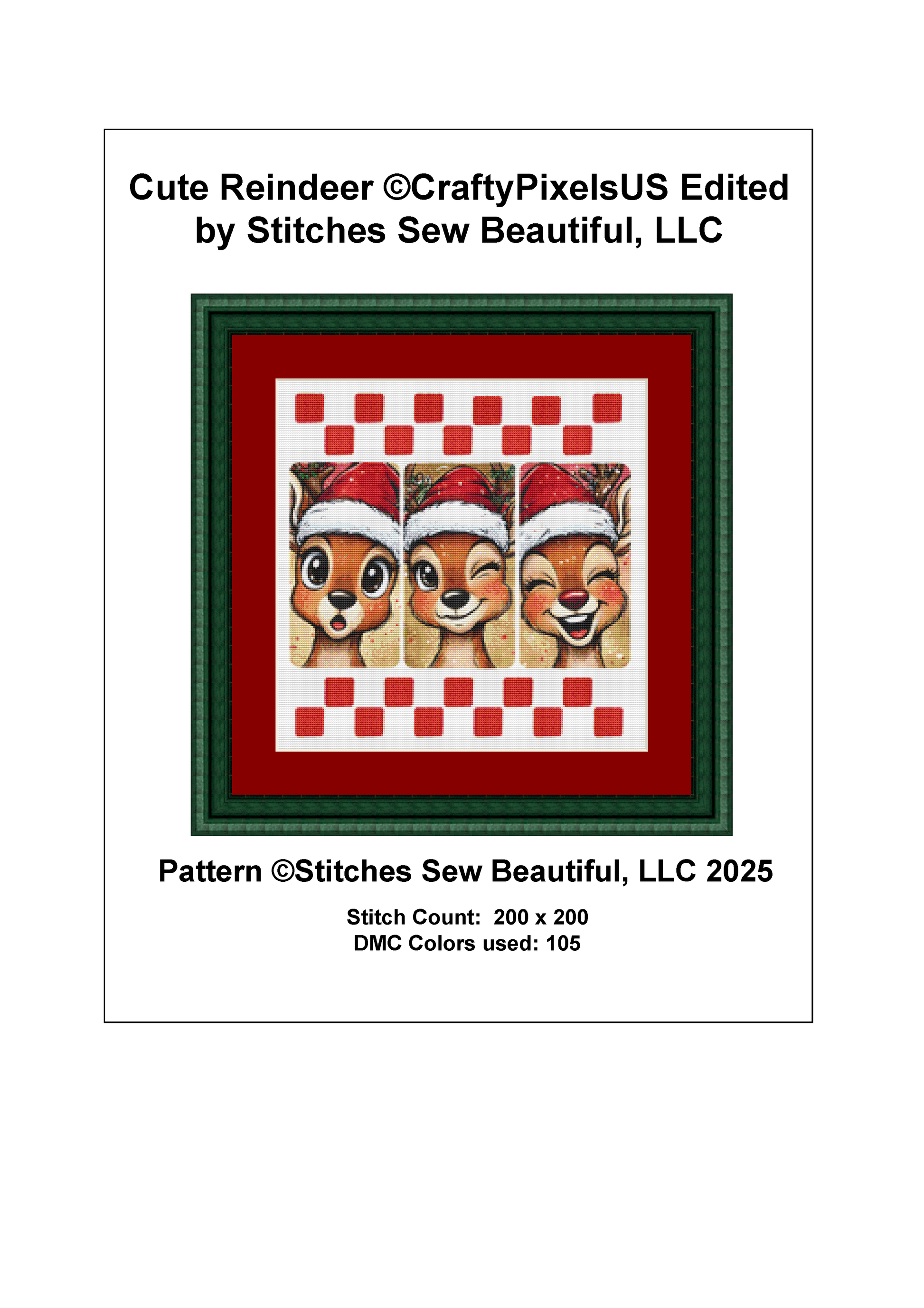 Cute Reindeer (Ornament) counted cross stitch pattern by CraftyPixelsUS
