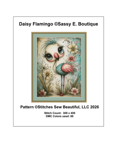 Daisy Flamingo cross stitch pattern by Sassy E. Boutique