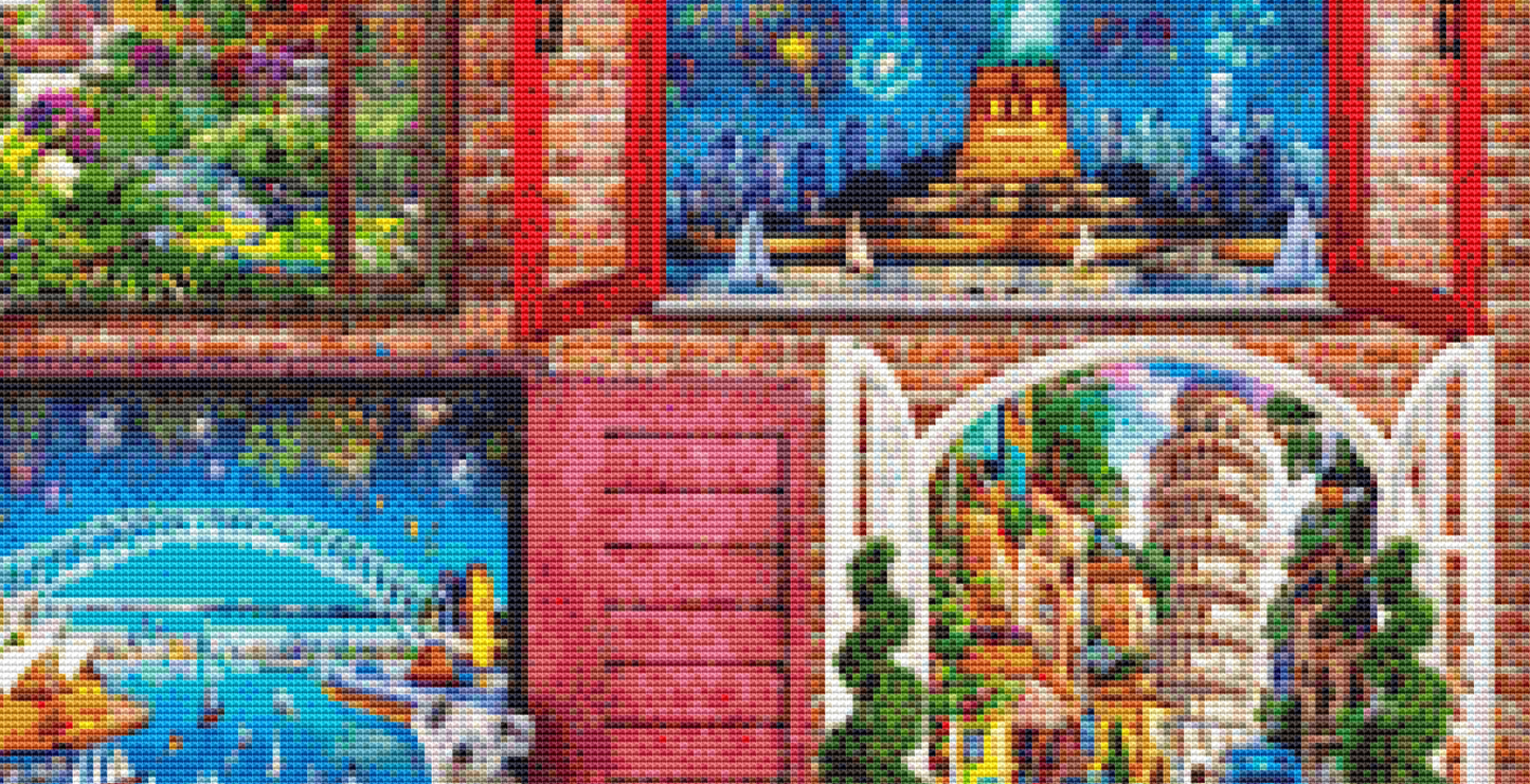 Doors of The World (Max Color) counted cross stitch pattern by Dominic Davison, Licensed by MGL, www.mglart.com