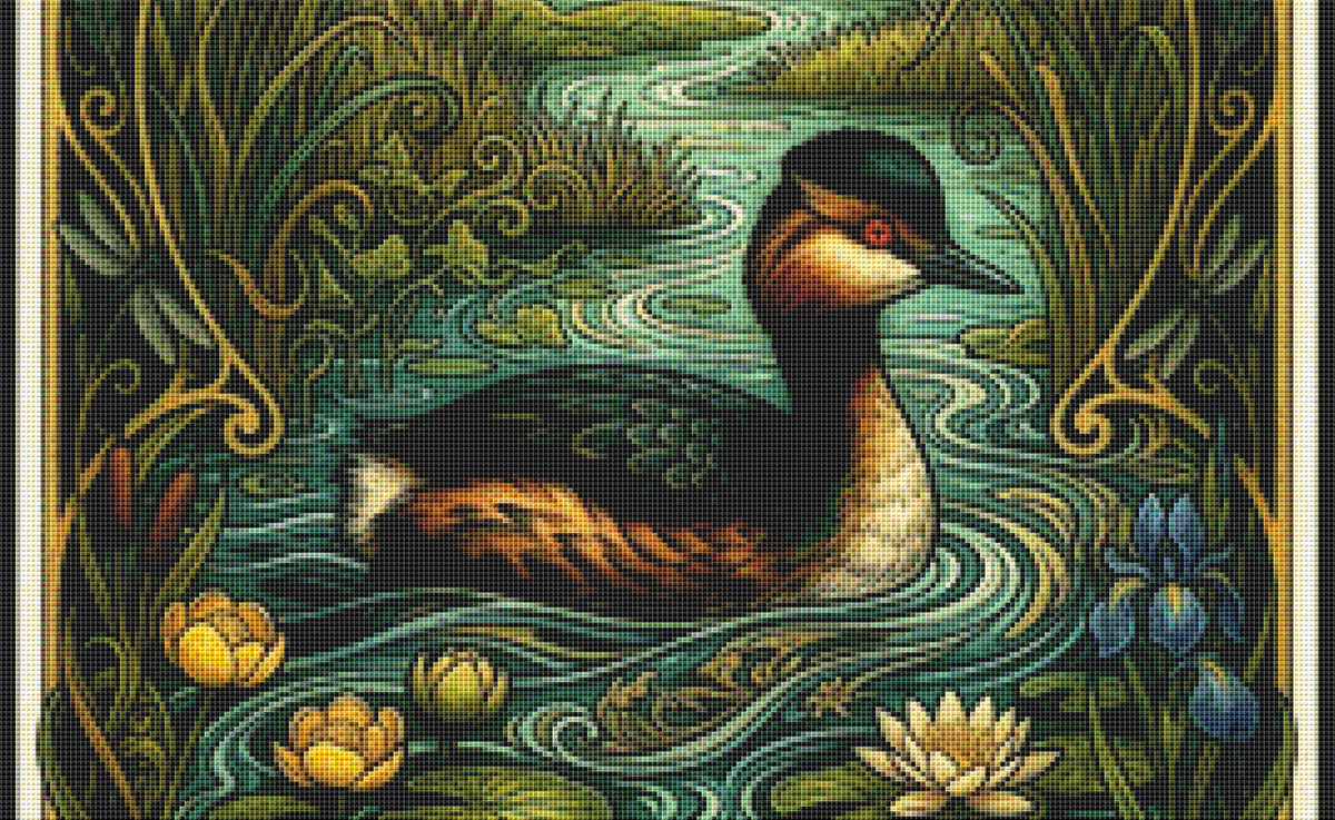 "Eared Grebe" cross stitch pattern by T. Langan