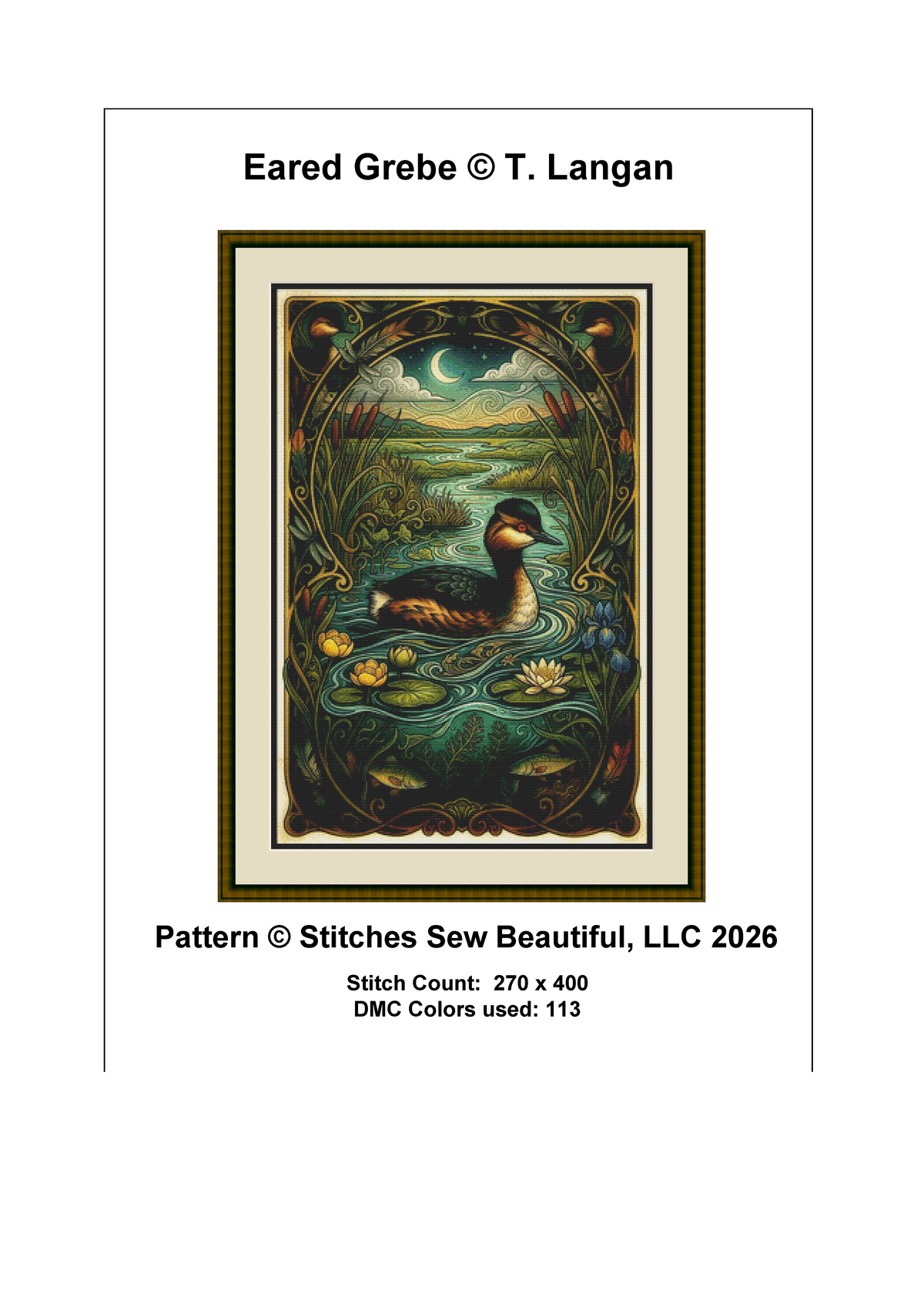 "Eared Grebe" cross stitch pattern by T. Langan