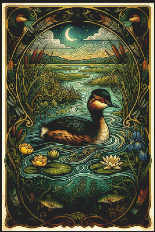 "Eared Grebe" cross stitch pattern by T. Langan