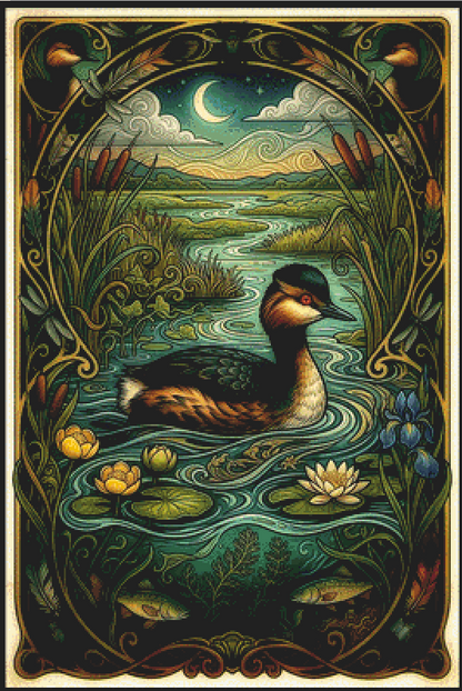 "Eared Grebe" cross stitch pattern by T. Langan