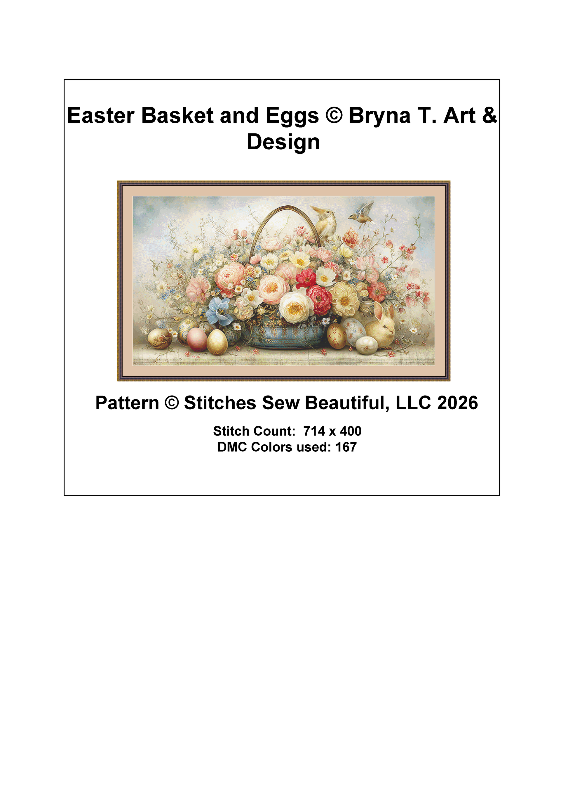 Easter Basket and Eggs (Max Size/Max Color) cross stitch pattern By Bryna T. Art & Design
