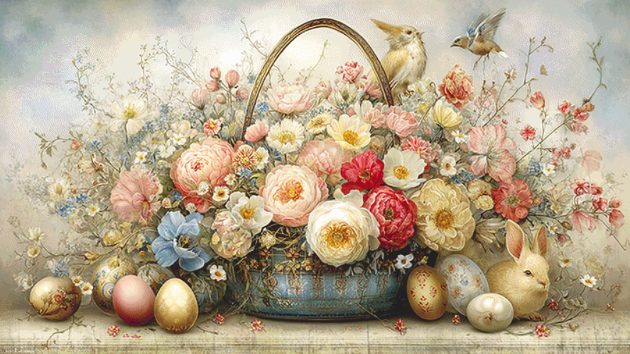 Easter Basket and Eggs (Max Size/Max Color) cross stitch pattern By Bryna T. Art & Design