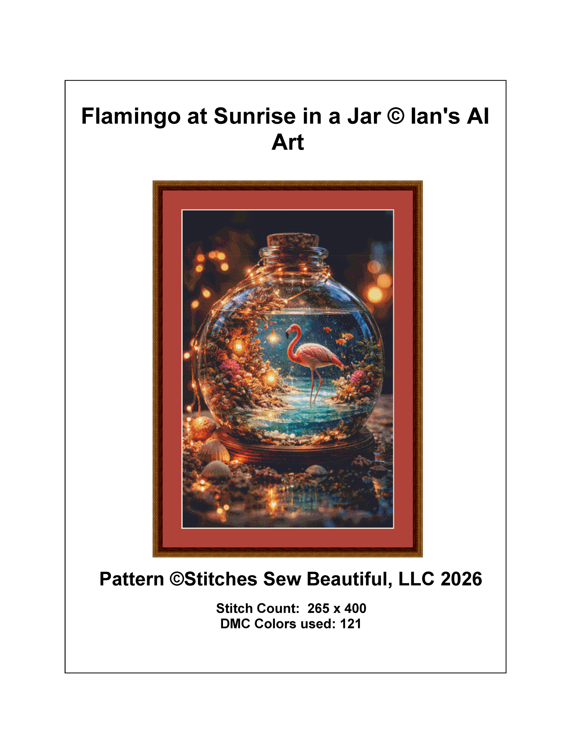 Flamingo at Sunrise in a Jar counted cross stitch pattern by Ian's AI Art