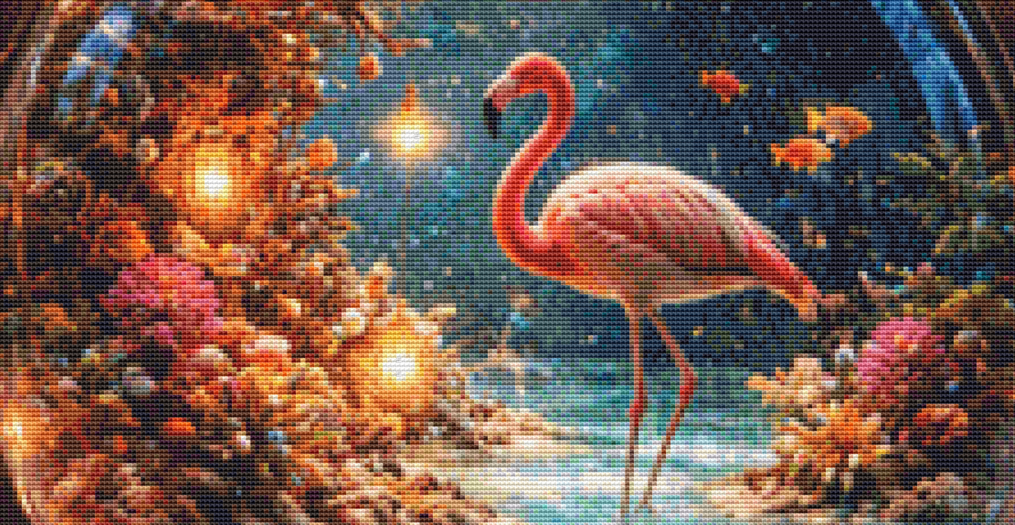 Flamingo at Sunrise in a Jar counted cross stitch pattern by Ian's AI Art
