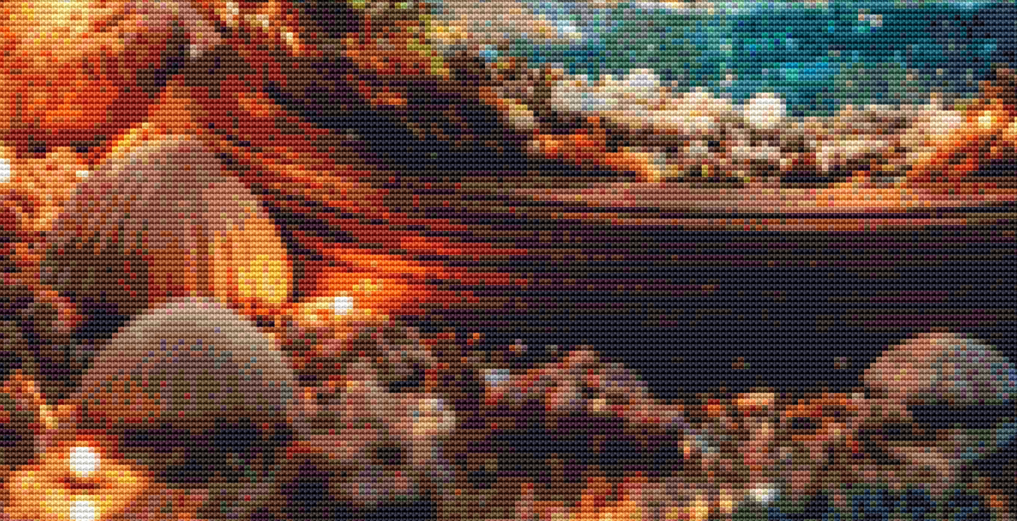 Flamingo at Sunrise in a Jar counted cross stitch pattern by Ian's AI Art