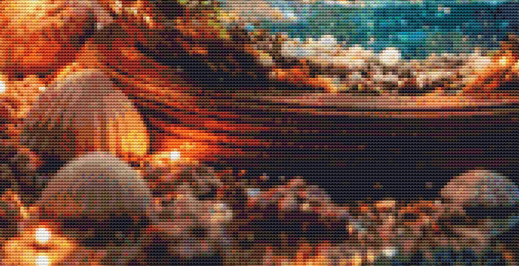 Flamingo at Sunrise in a Jar counted cross stitch pattern by Ian's AI Art