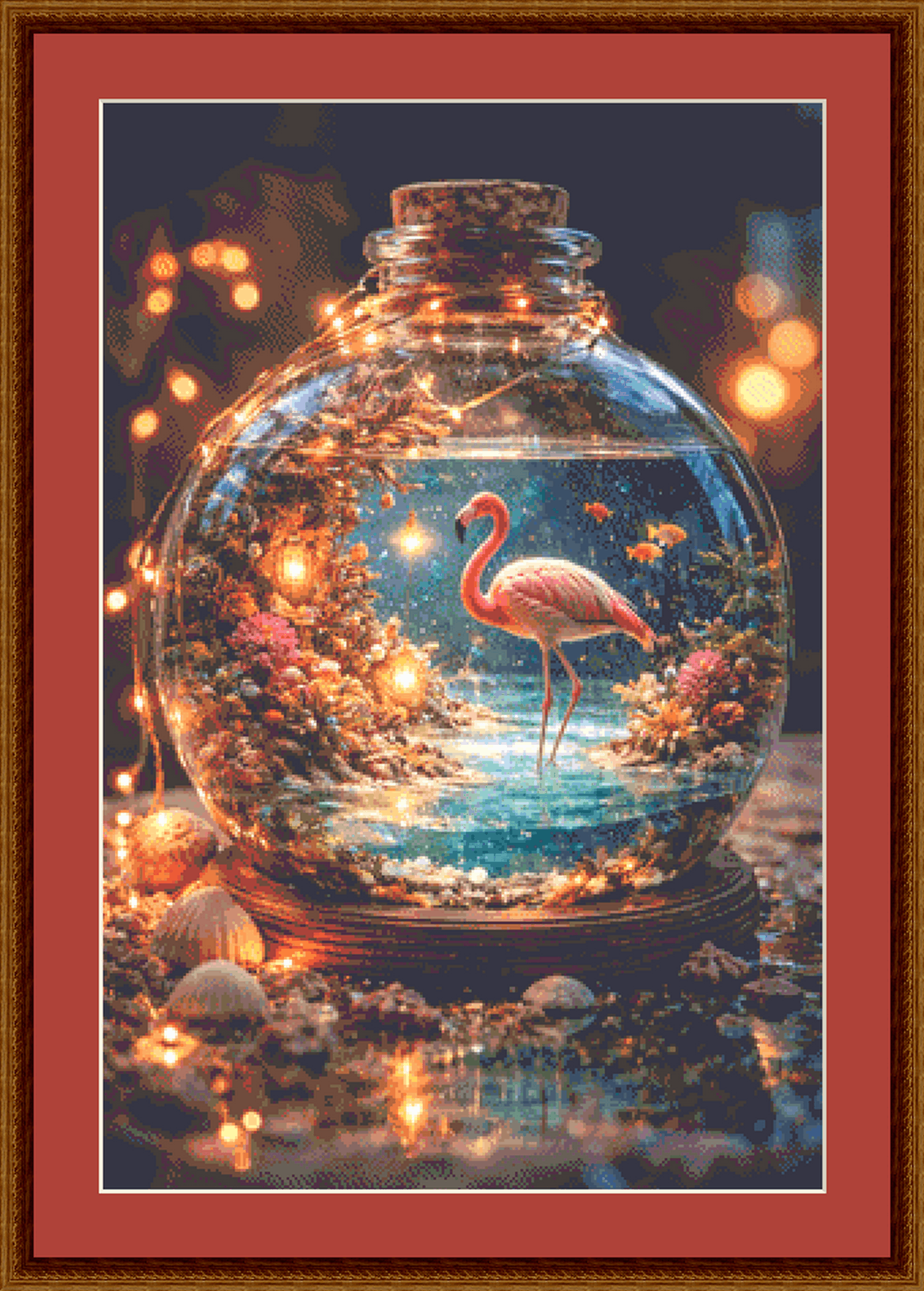Flamingo at Sunrise in a Jar counted cross stitch pattern by Ian's AI Art