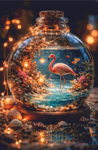 Flamingo at Sunrise in a Jar counted cross stitch pattern by Ian's AI Art