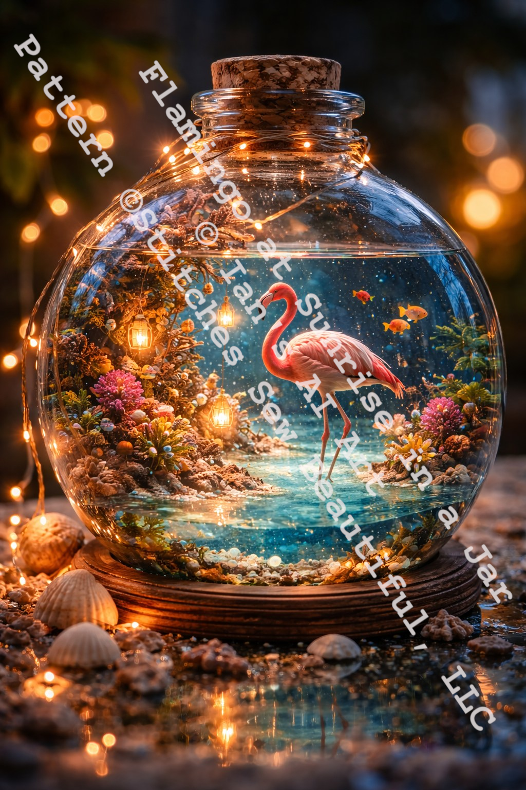 Flamingo at Sunrise in a Jar counted cross stitch pattern by Ian's AI Art