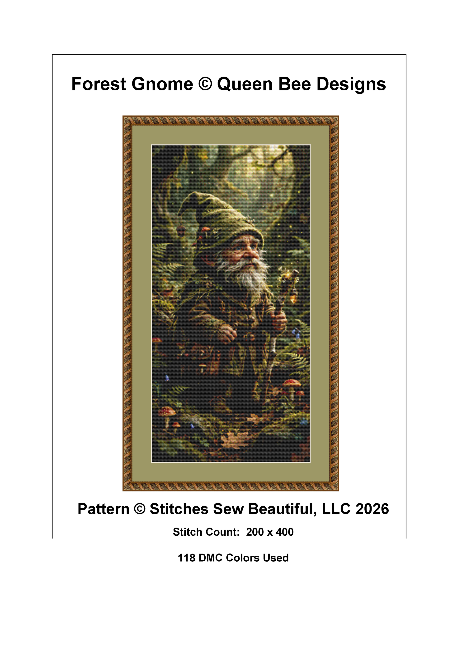 "Forest Gnome" cross stitch pattern by Queen Bee Designs
