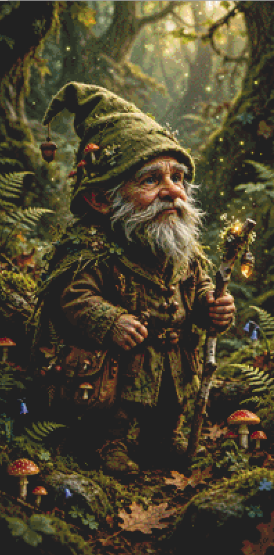 "Forest Gnome" cross stitch pattern by Queen Bee Designs
