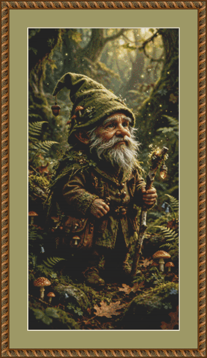 "Forest Gnome" cross stitch pattern by Queen Bee Designs