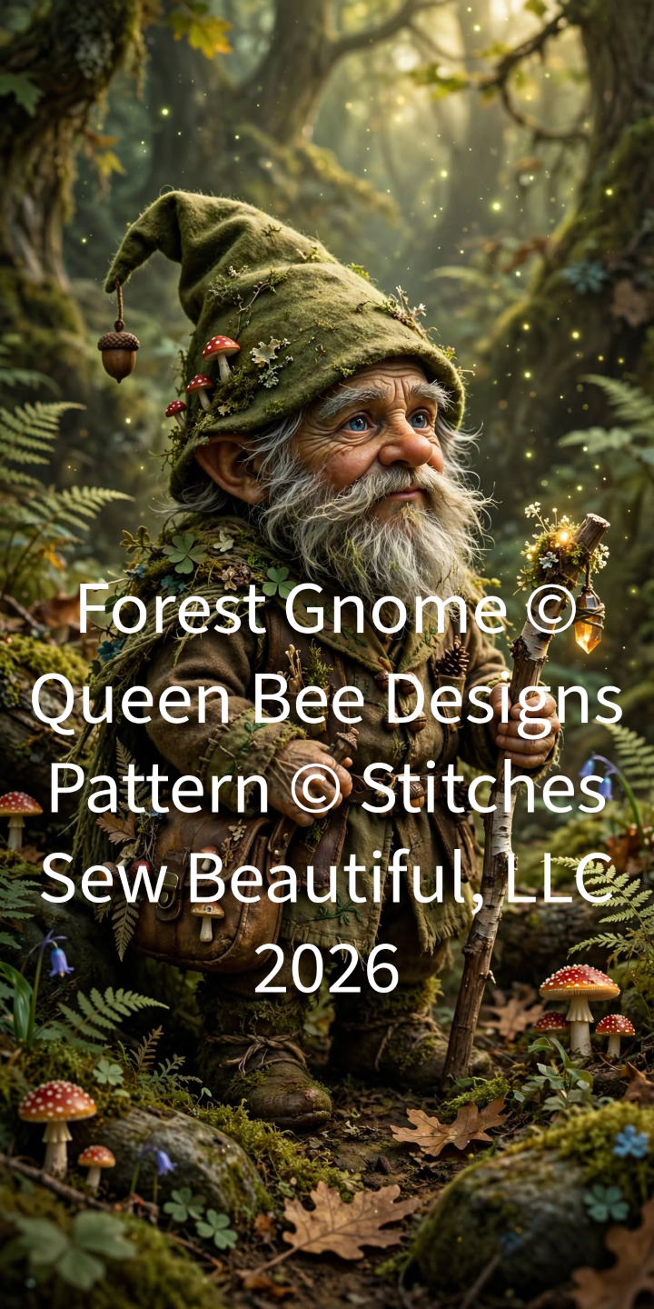 "Forest Gnome" cross stitch pattern by Queen Bee Designs