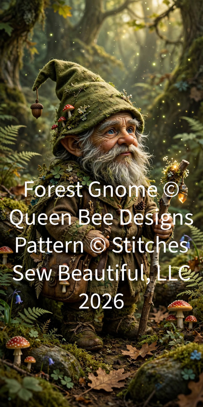 "Forest Gnome" cross stitch pattern by Queen Bee Designs