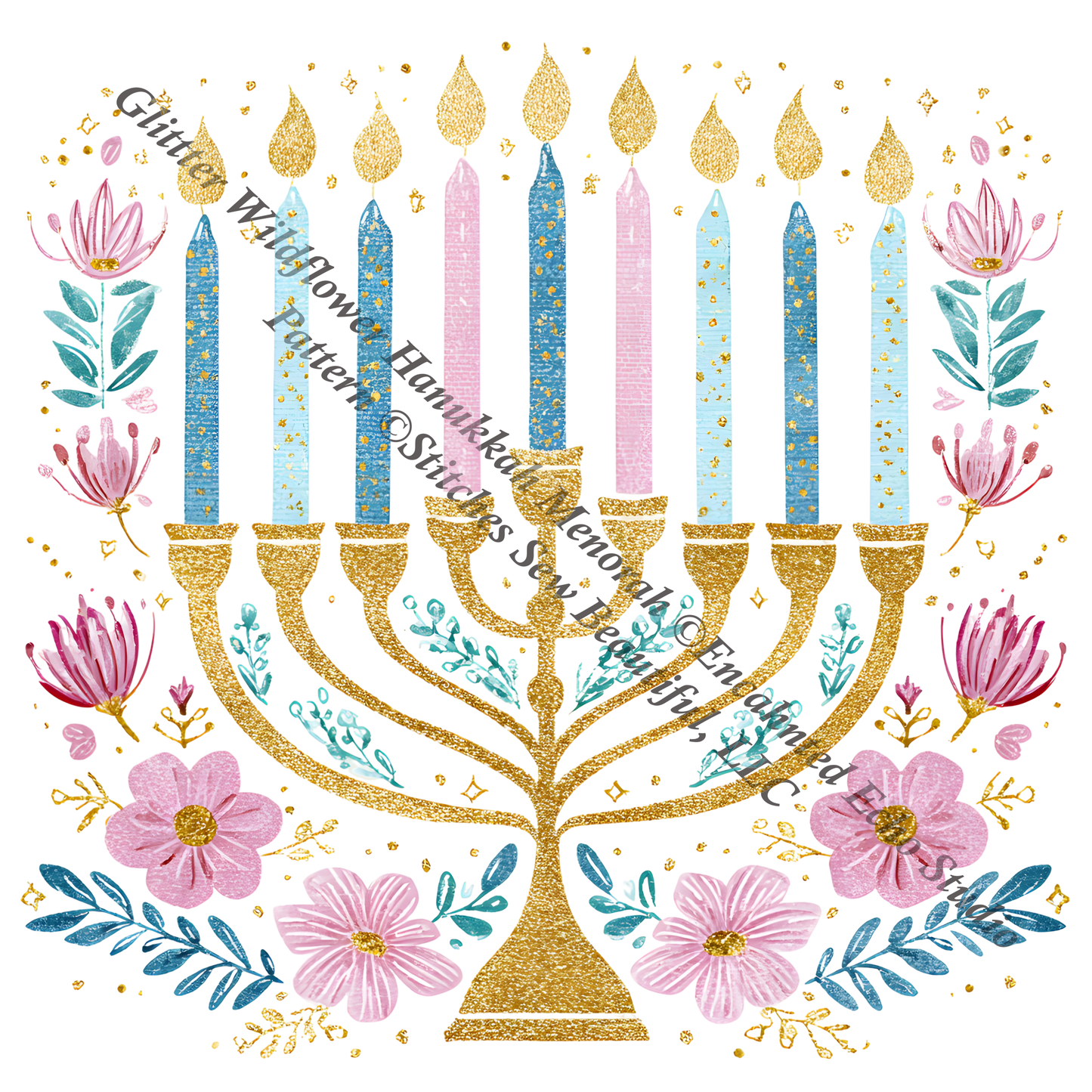 Glitter Wildflower Hanukkah Menorah counted cross stitch pattern by Enchanted Echo Studio