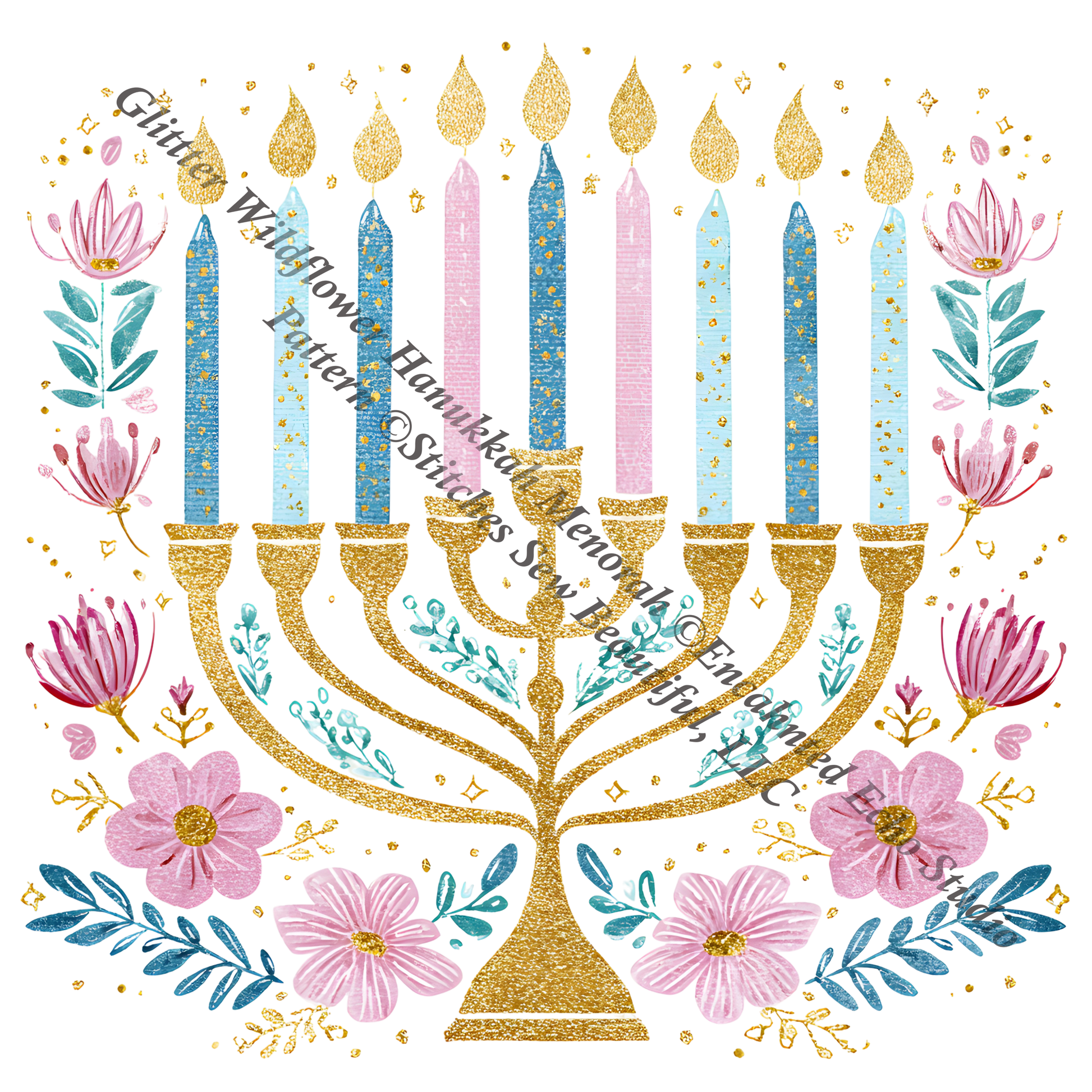 Glitter Wildflower Hanukkah Menorah counted cross stitch pattern by Enchanted Echo Studio