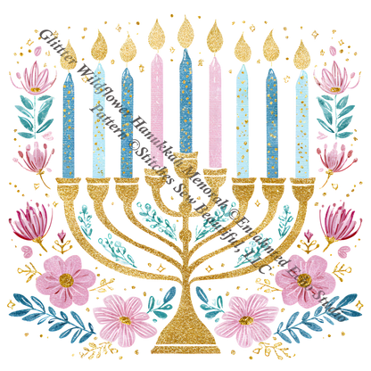 Glitter Wildflower Hanukkah Menorah counted cross stitch pattern by Enchanted Echo Studio