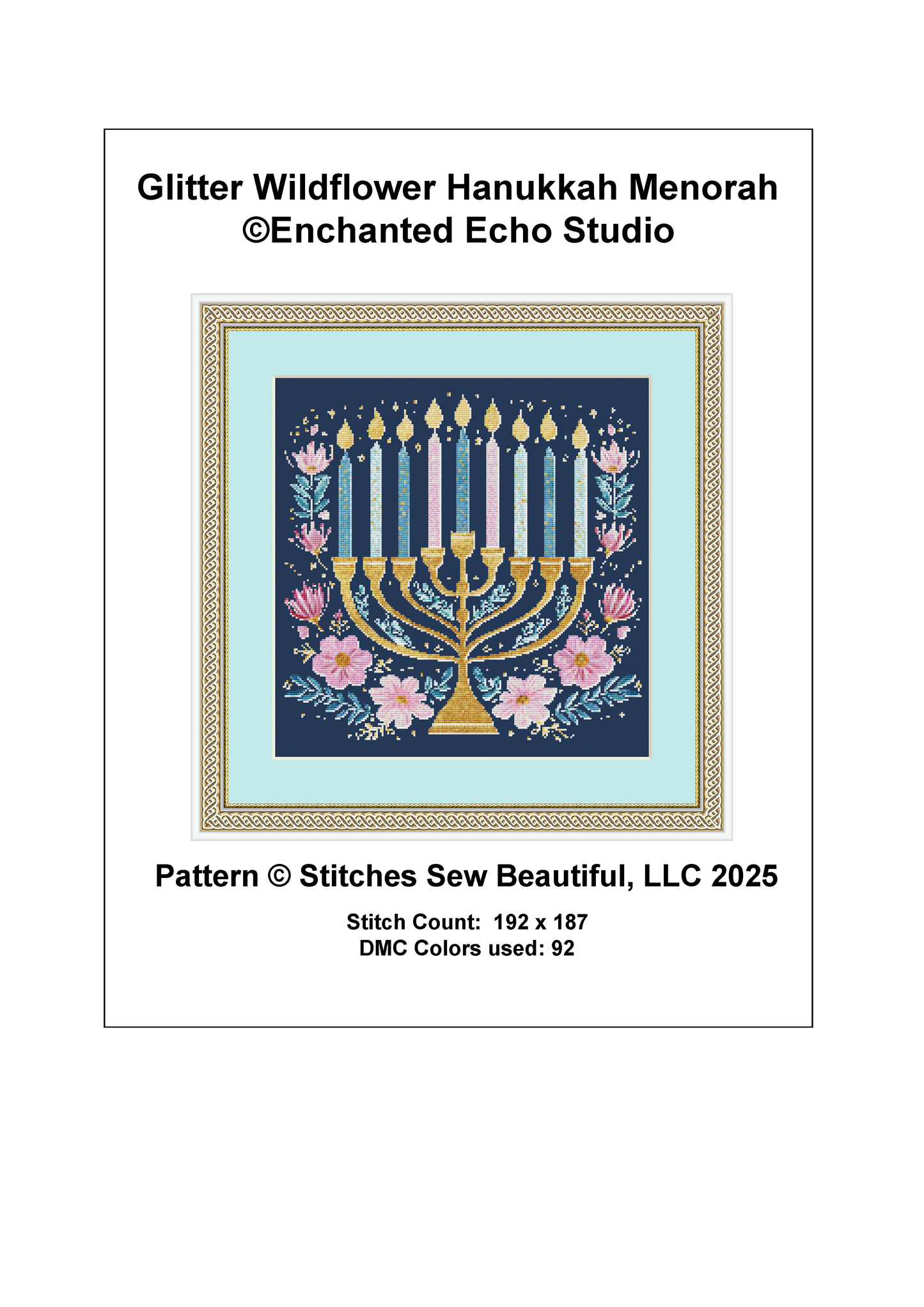 Glitter Wildflower Hanukkah Menorah counted cross stitch pattern by Enchanted Echo Studio