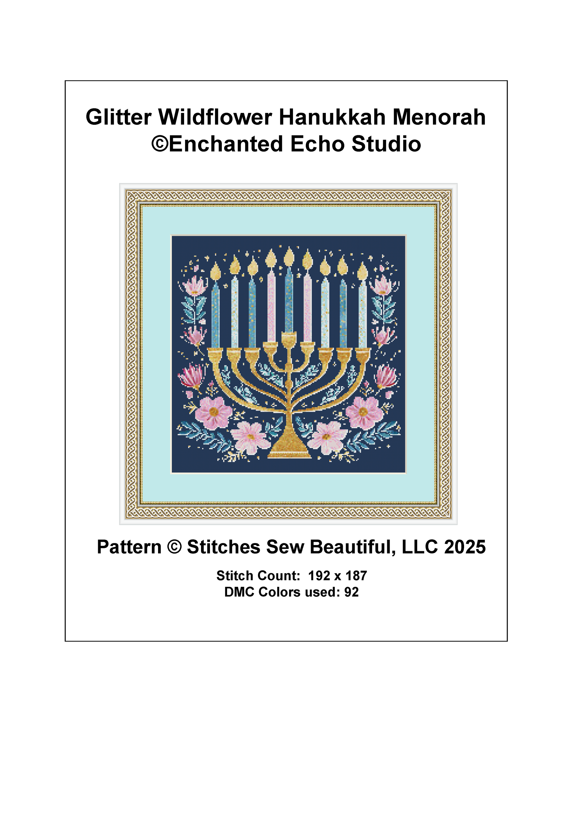 Glitter Wildflower Hanukkah Menorah counted cross stitch pattern by Enchanted Echo Studio