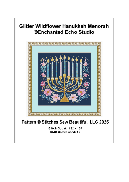 Glitter Wildflower Hanukkah Menorah counted cross stitch pattern by Enchanted Echo Studio