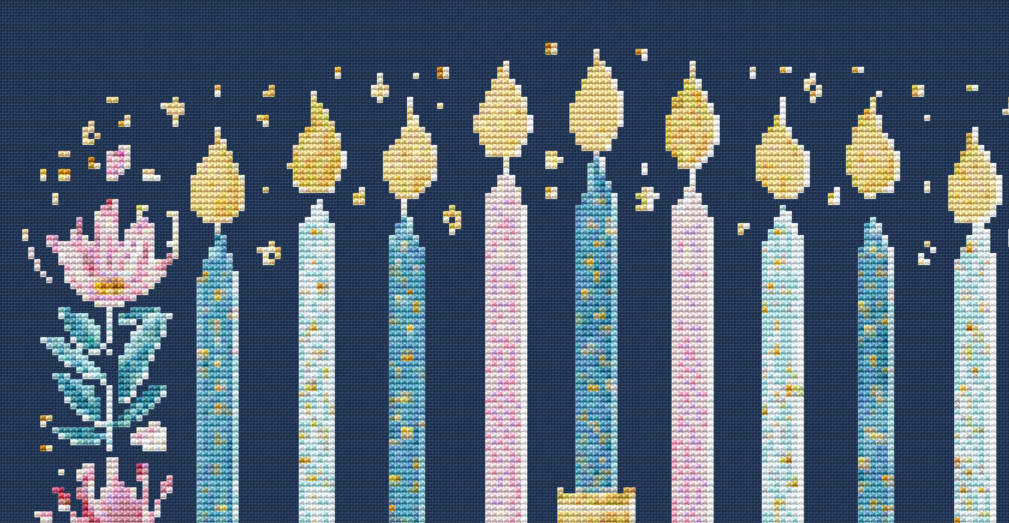 Glitter Wildflower Hanukkah Menorah counted cross stitch pattern by Enchanted Echo Studio