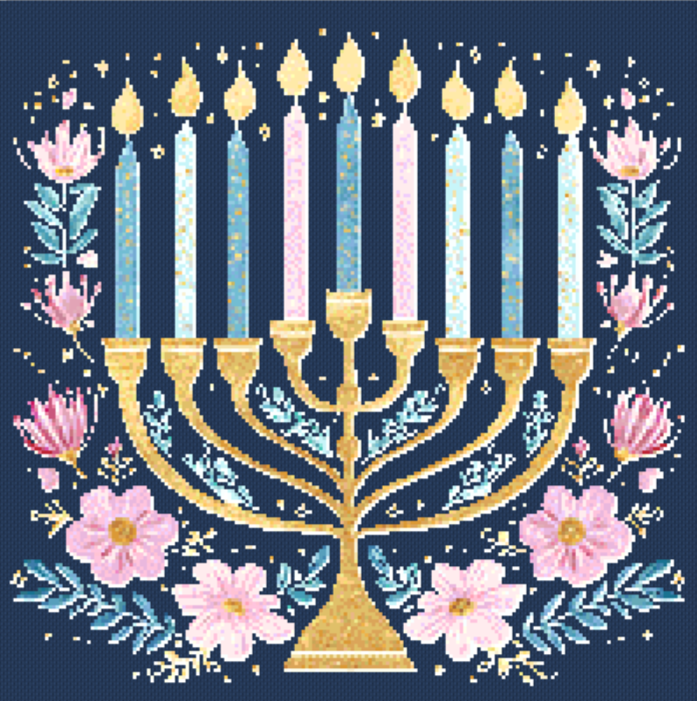Glitter Wildflower Hanukkah Menorah counted cross stitch pattern by Enchanted Echo Studio