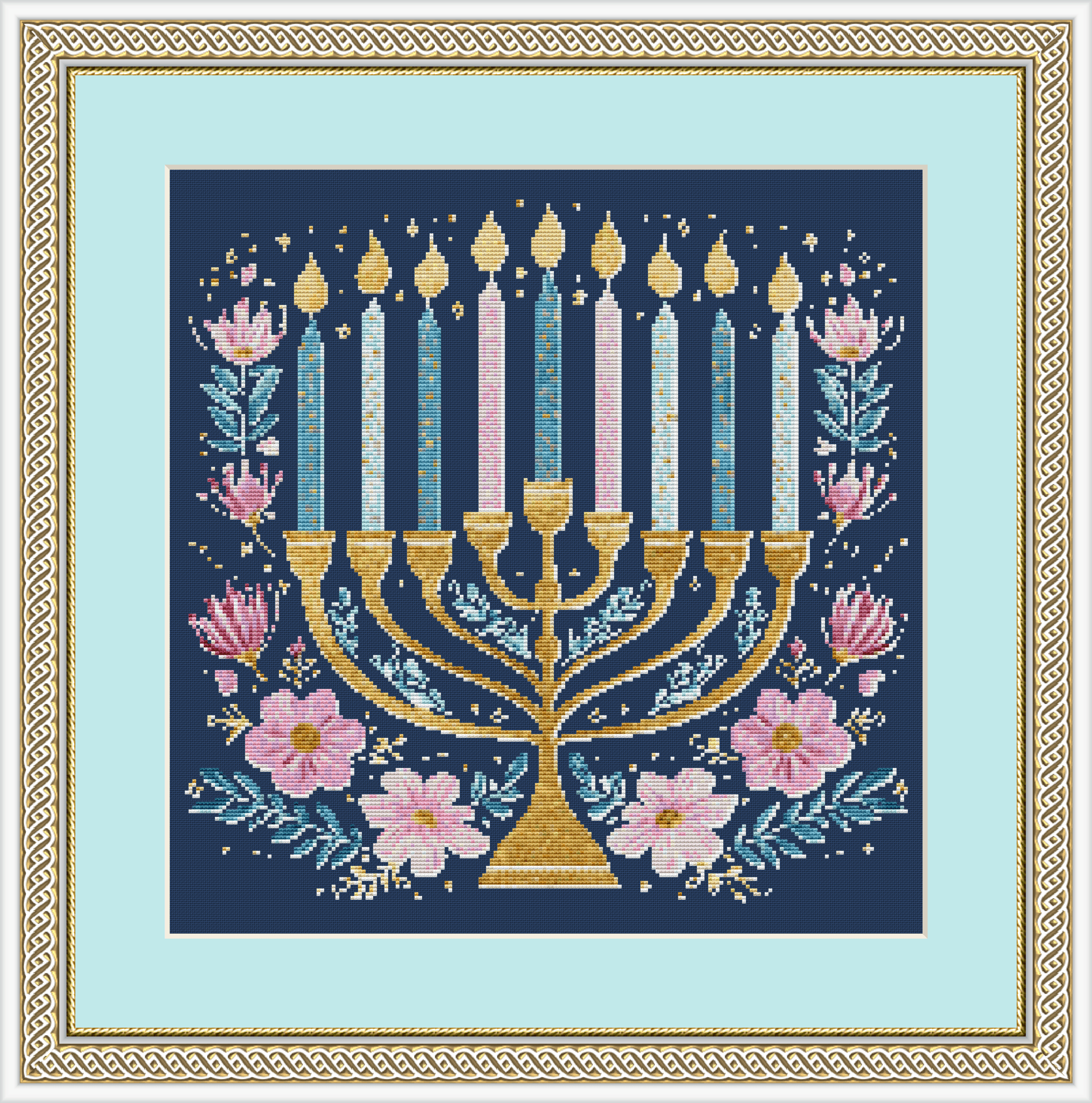Glitter Wildflower Hanukkah Menorah counted cross stitch pattern by Enchanted Echo Studio