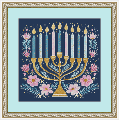 Glitter Wildflower Hanukkah Menorah counted cross stitch pattern by Enchanted Echo Studio