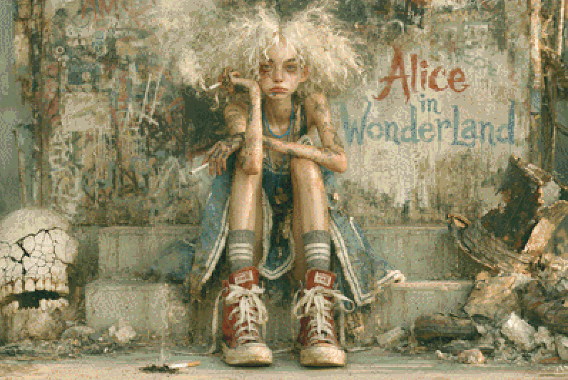 Grungy Alice cross stitch pattern by Bryna T. Art & Design