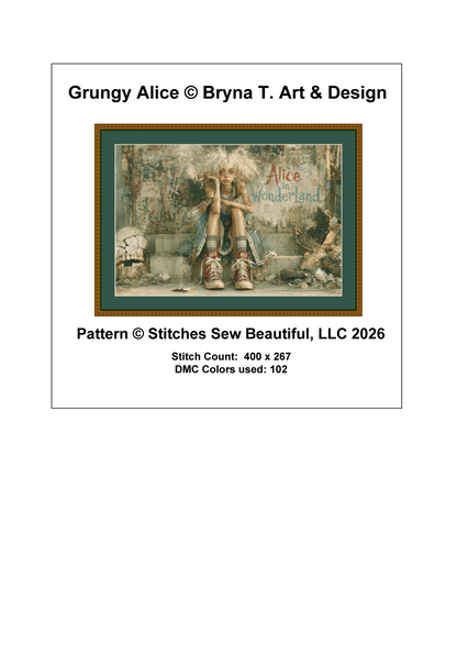 Grungy Alice cross stitch pattern by Bryna T. Art & Design