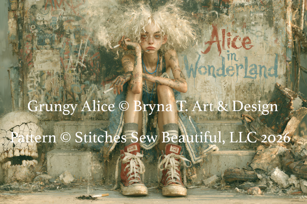 Grungy Alice cross stitch pattern by Bryna T. Art & Design