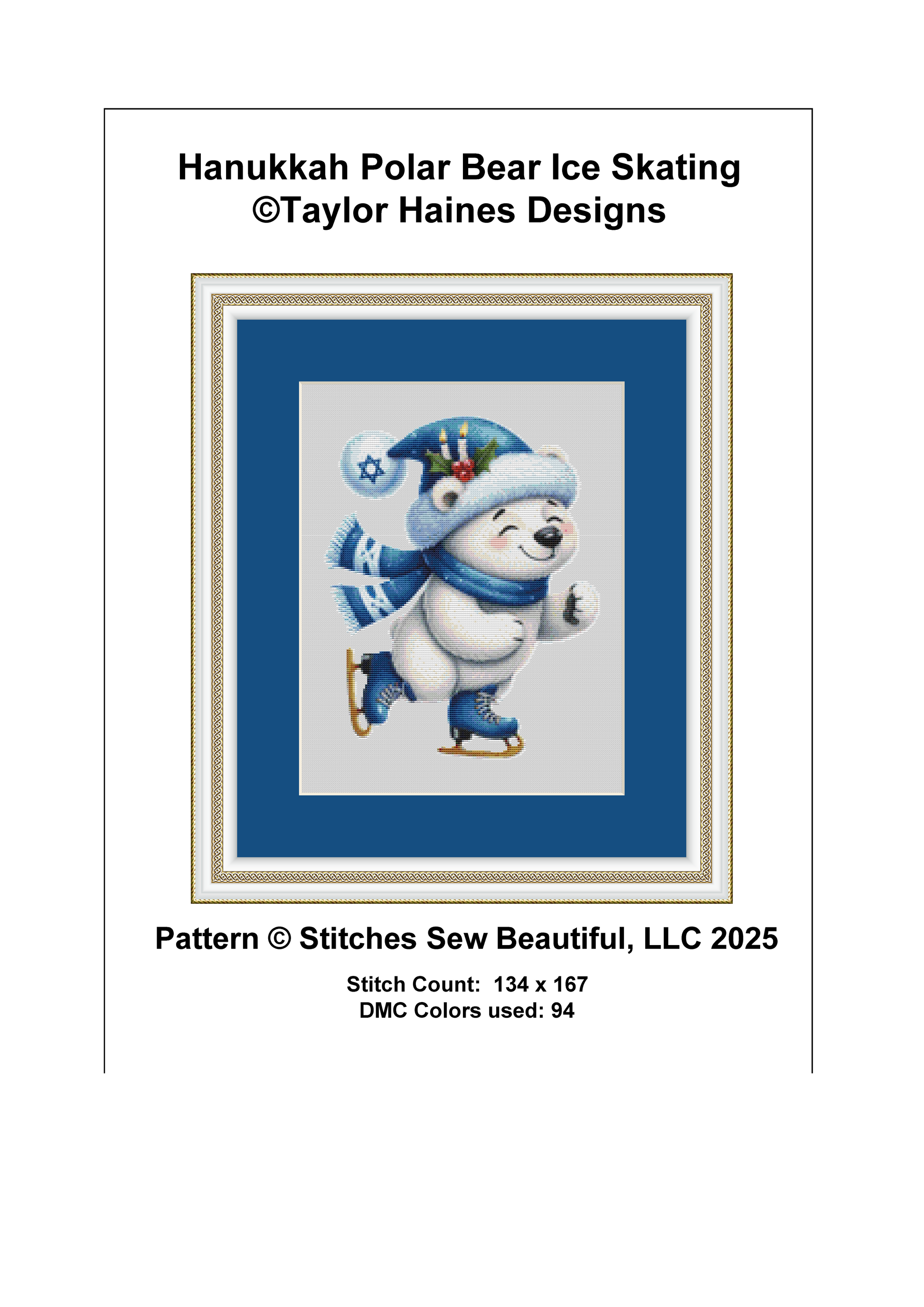 Hanukkah Polar Bear Ice Skating counted cross stitch pattern by Taylor Haines Designs