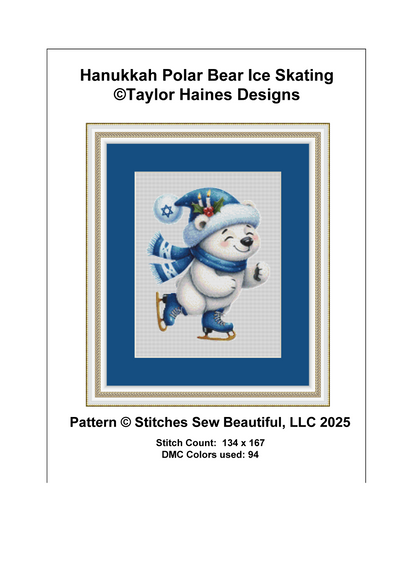 Hanukkah Polar Bear Ice Skating counted cross stitch pattern by Taylor Haines Designs